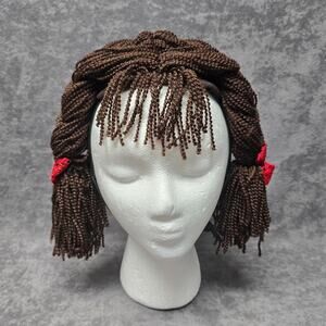 Brown Yarn Braided Hair In Pigtails with Red Bow Adjustable Strap Costume Wig
